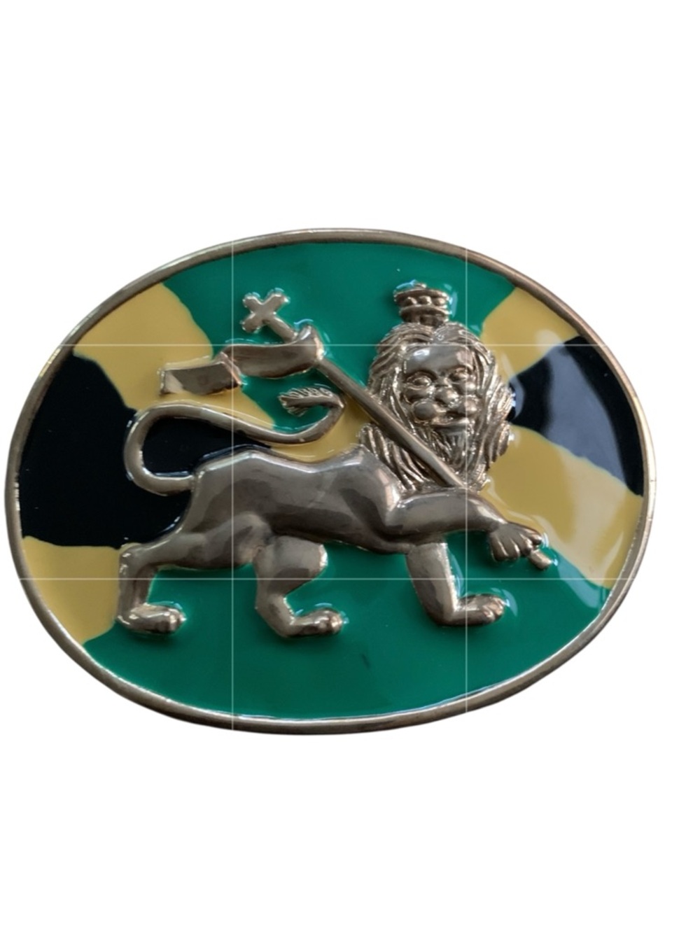 Lion of Judah Rastafarian Oval Belt Buckle Jamaica Green, Yellow, Black, Silver
